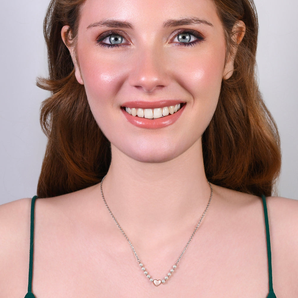 COLLANA DONNA IN ACCIAIO IP GOLD E PERLE BIANCHE CON CUORE IP ROSE