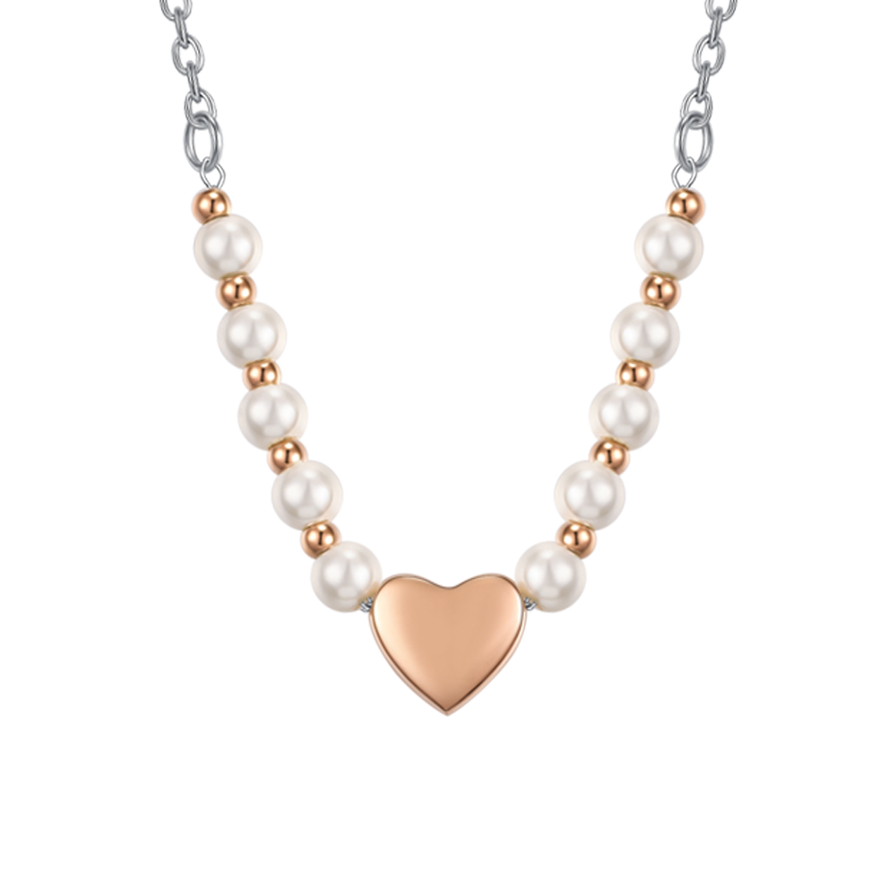 COLLANA DONNA IN ACCIAIO IP GOLD E PERLE BIANCHE CON CUORE IP ROSE