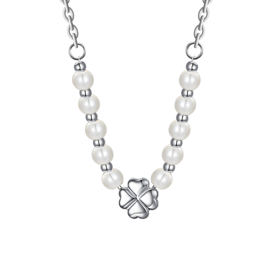 COLLANA DONNA CON QUADRIFOGLIO IN ACCIAIO E PERLE BIANCHE