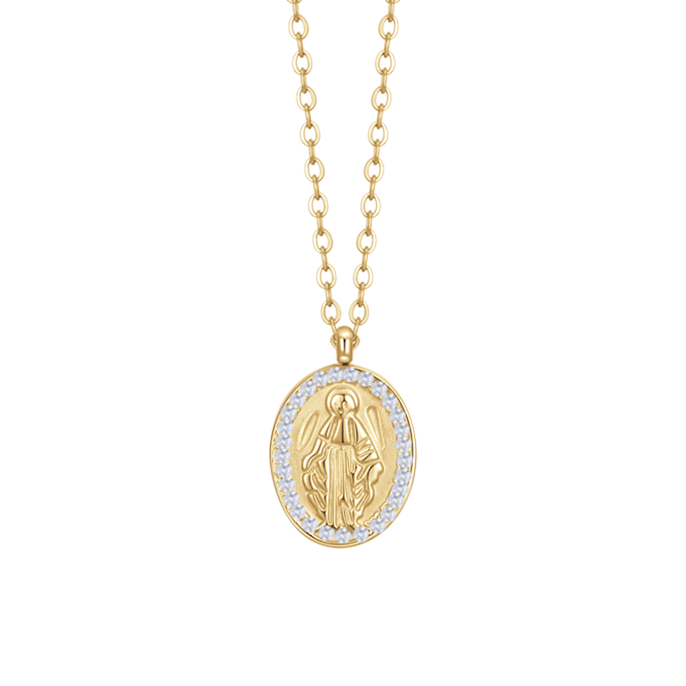 COLLANA DONNA IN ACCIAIO IP GOLD,  MADONNINA MIRACOLOSA E ZIRCONI BIANCHI
