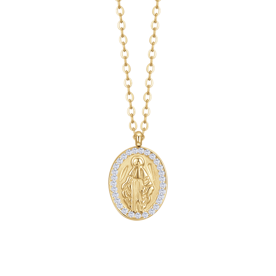 COLLANA DONNA IN ACCIAIO IP GOLD,  MADONNINA MIRACOLOSA E ZIRCONI BIANCHI