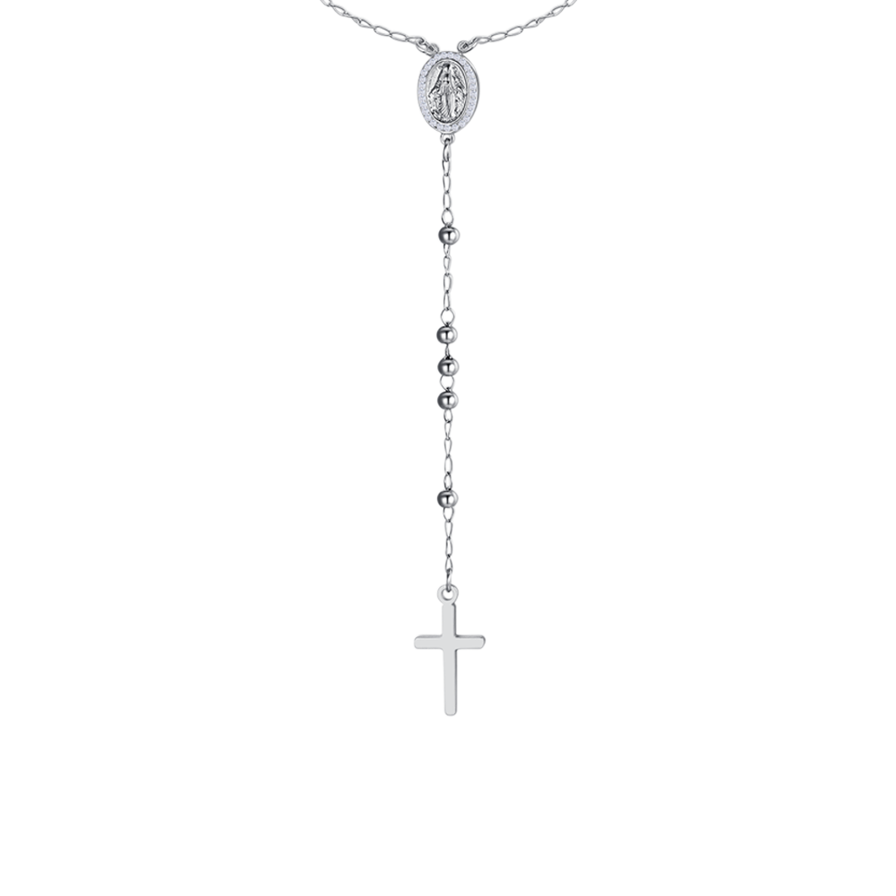 COLLANA DONNA ROSARIO IN ACCIAIO, MEDAGLIETTA CON MADONNINA MIRACOLOSA E ZIRCONI