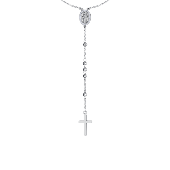 COLLANA DONNA ROSARIO IN ACCIAIO, MEDAGLIETTA CON MADONNINA MIRACOLOSA E ZIRCONI
