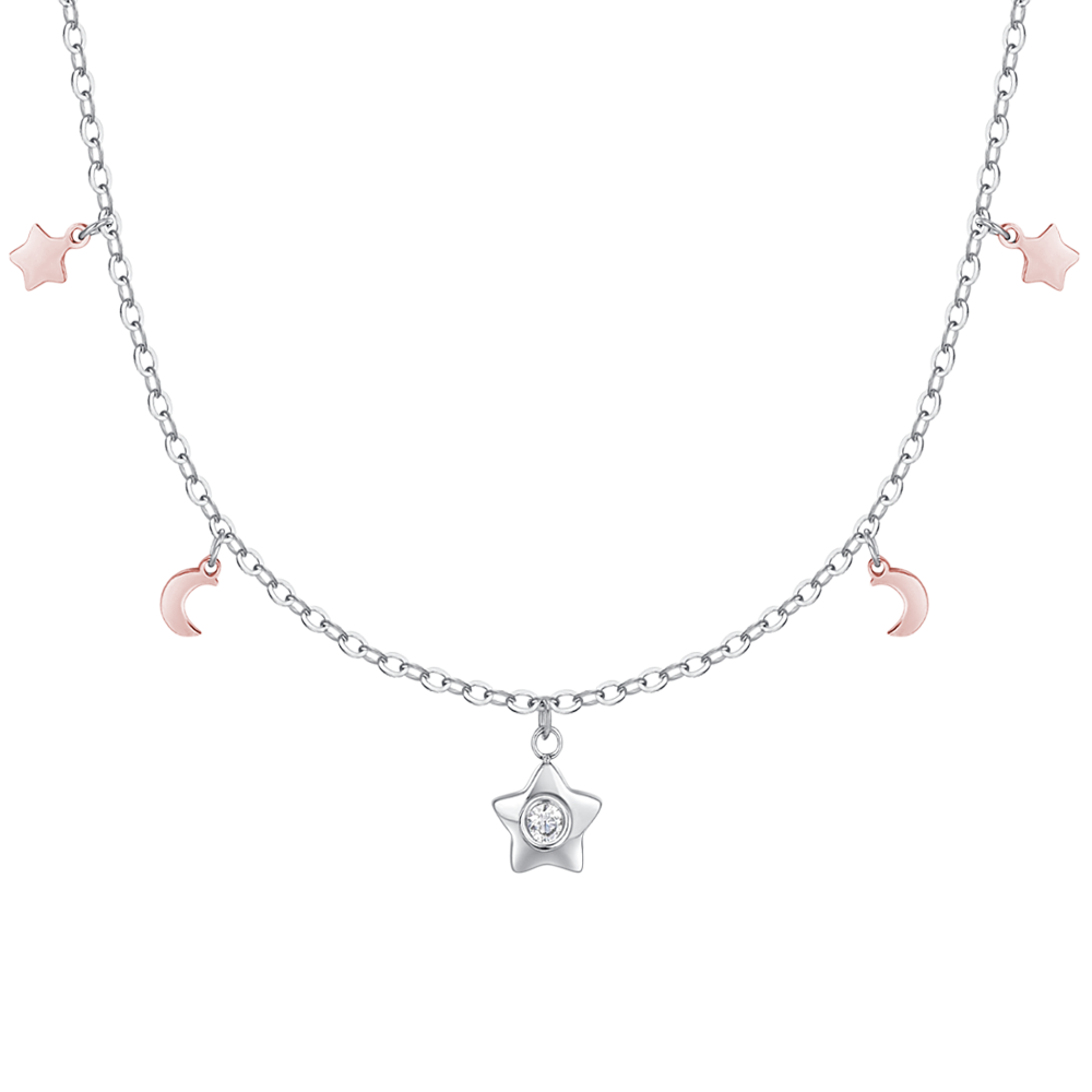 COLLANA DONNA IN ACCIAIO, STELLA CON ZIRCONE BIANCO, LUNE E STELLE IP ROSE
