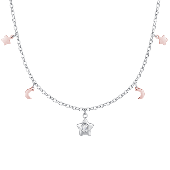 COLLANA DONNA IN ACCIAIO, STELLA CON ZIRCONE BIANCO, LUNE E STELLE IP ROSE