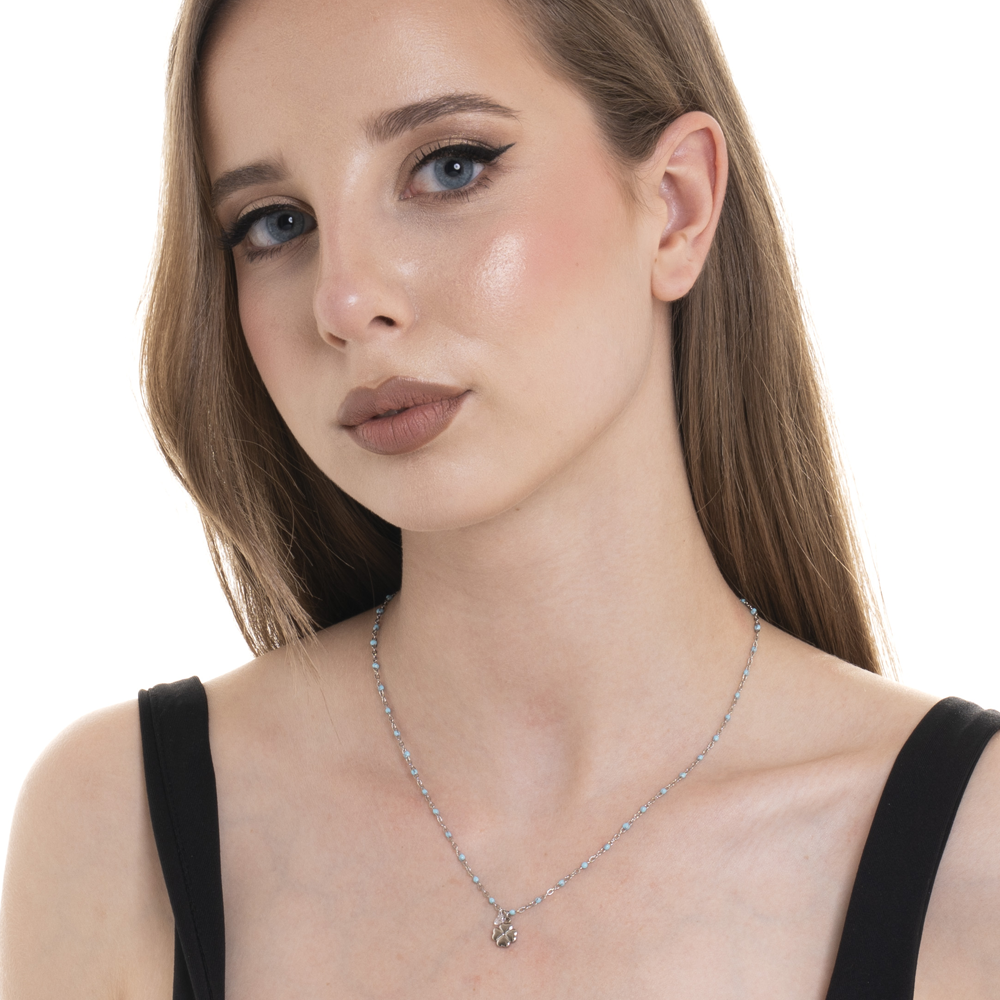 COLLANA DONNA IN ACCIAIO CON QUADRIFOGLIO,CRISTALLO E PIETRE CON SMALTO TURCHESE