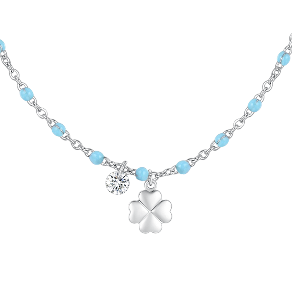 COLLANA DONNA IN ACCIAIO CON QUADRIFOGLIO,CRISTALLO E PIETRE CON SMALTO TURCHESE
