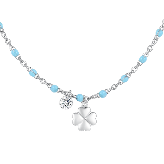 COLLANA DONNA IN ACCIAIO CON QUADRIFOGLIO,CRISTALLO E PIETRE CON SMALTO TURCHESE