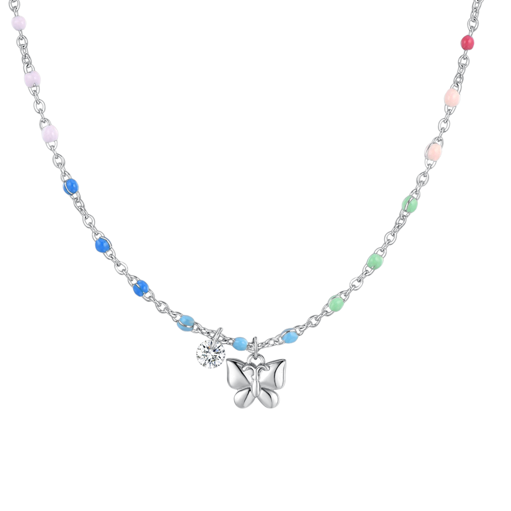 COLLANA DONNA IN ACCIAIO CON FARFALLA, CRISTALLO E PIETRE CON SMALTO MULTICOLOR