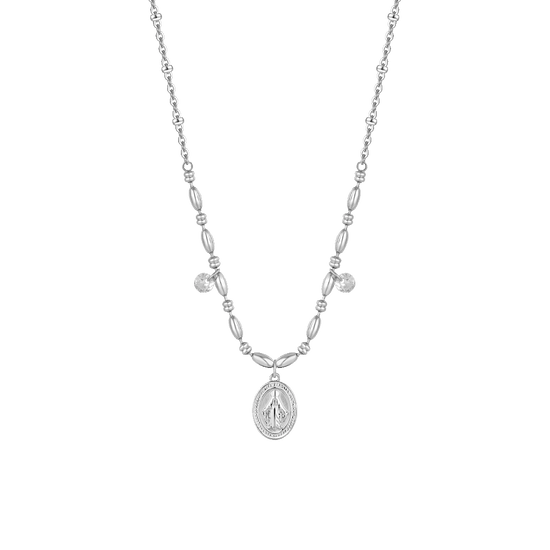 COLLANA DONNA IN ACCIAIO CON MADONNINA MIRACOLOSA E ZIRCONI BIANCHI