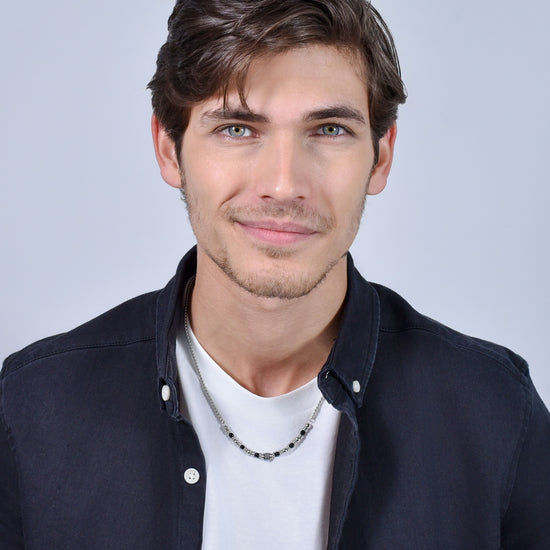 HERREN STAHL HALSKETTE SCHWARZER ACHAT UND ELEMENTE