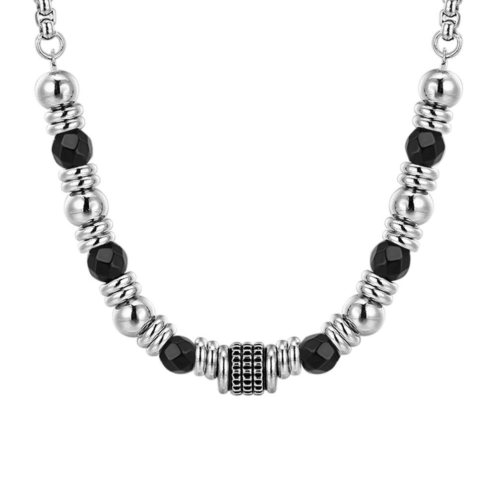 HERREN STAHL HALSKETTE SCHWARZER ACHAT UND ELEMENTE