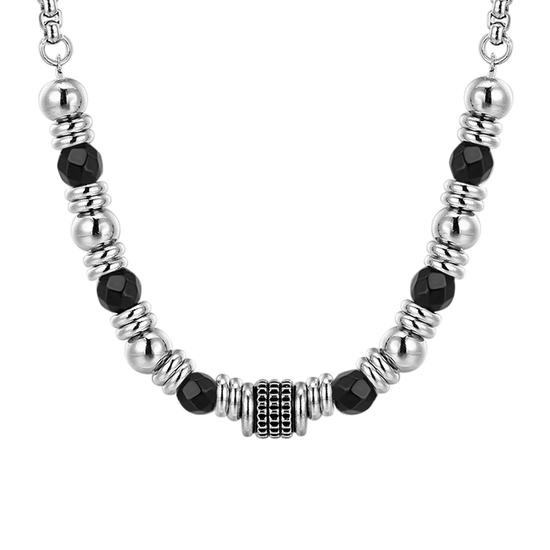 HERREN STAHL HALSKETTE SCHWARZER ACHAT UND ELEMENTE