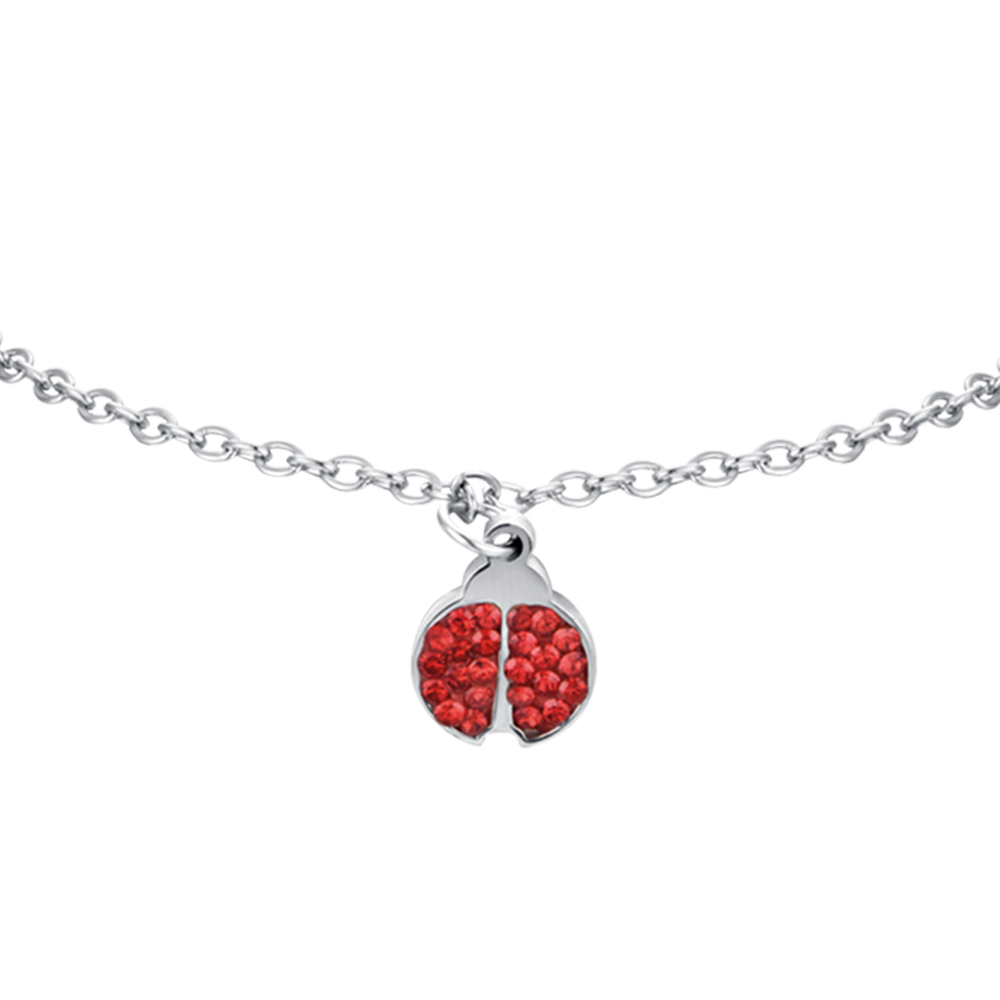 MÄDCHENARMBAND AUS STAHL MIT MARIENKÄFER UND ROTEN KRISTALLEN