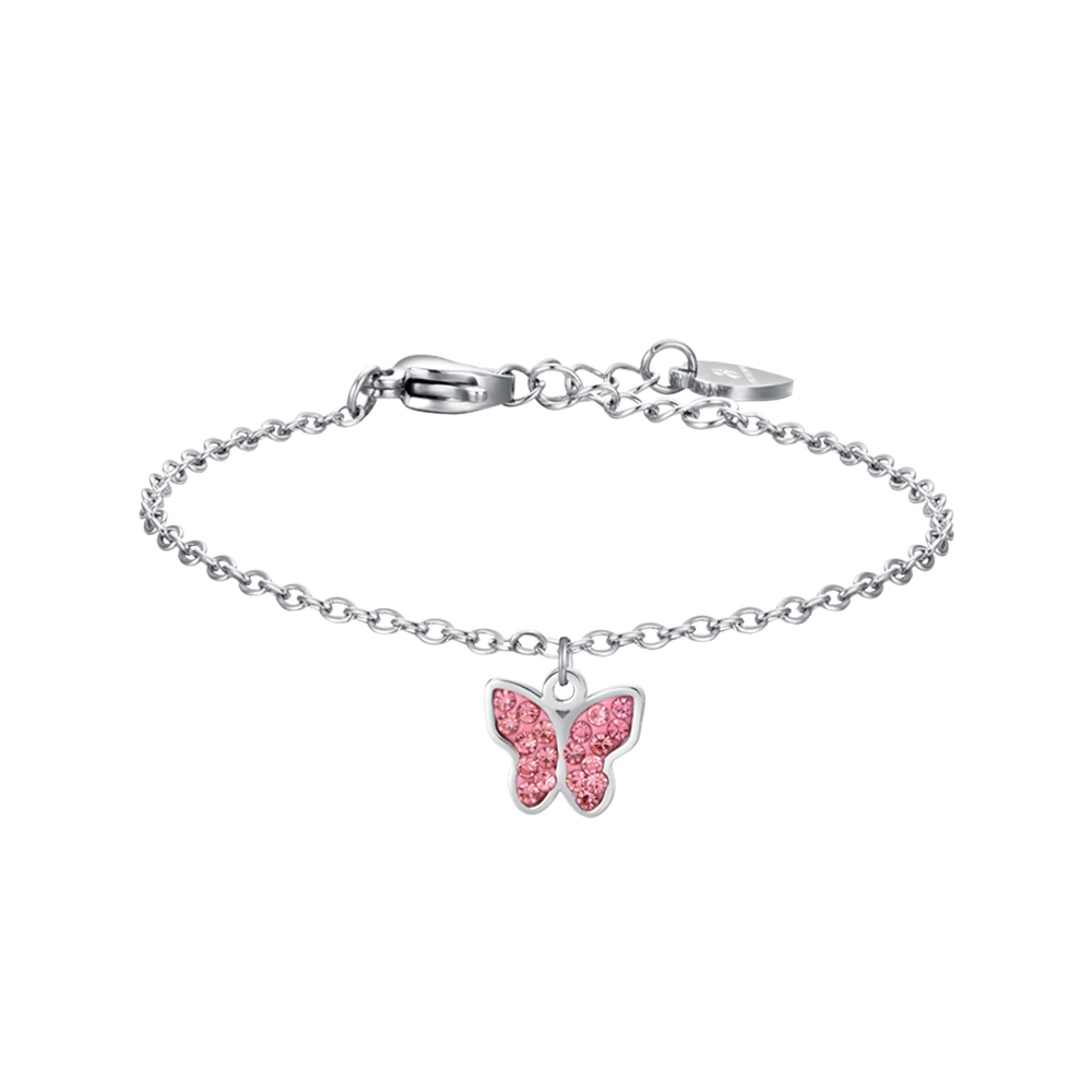 STAHLARMBAND FÜR MÄDCHEN MIT SCHMETTERLING UND ROSA KRISTALLEN