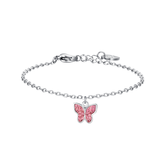 STAHLARMBAND FÜR MÄDCHEN MIT SCHMETTERLING UND ROSA KRISTALLEN