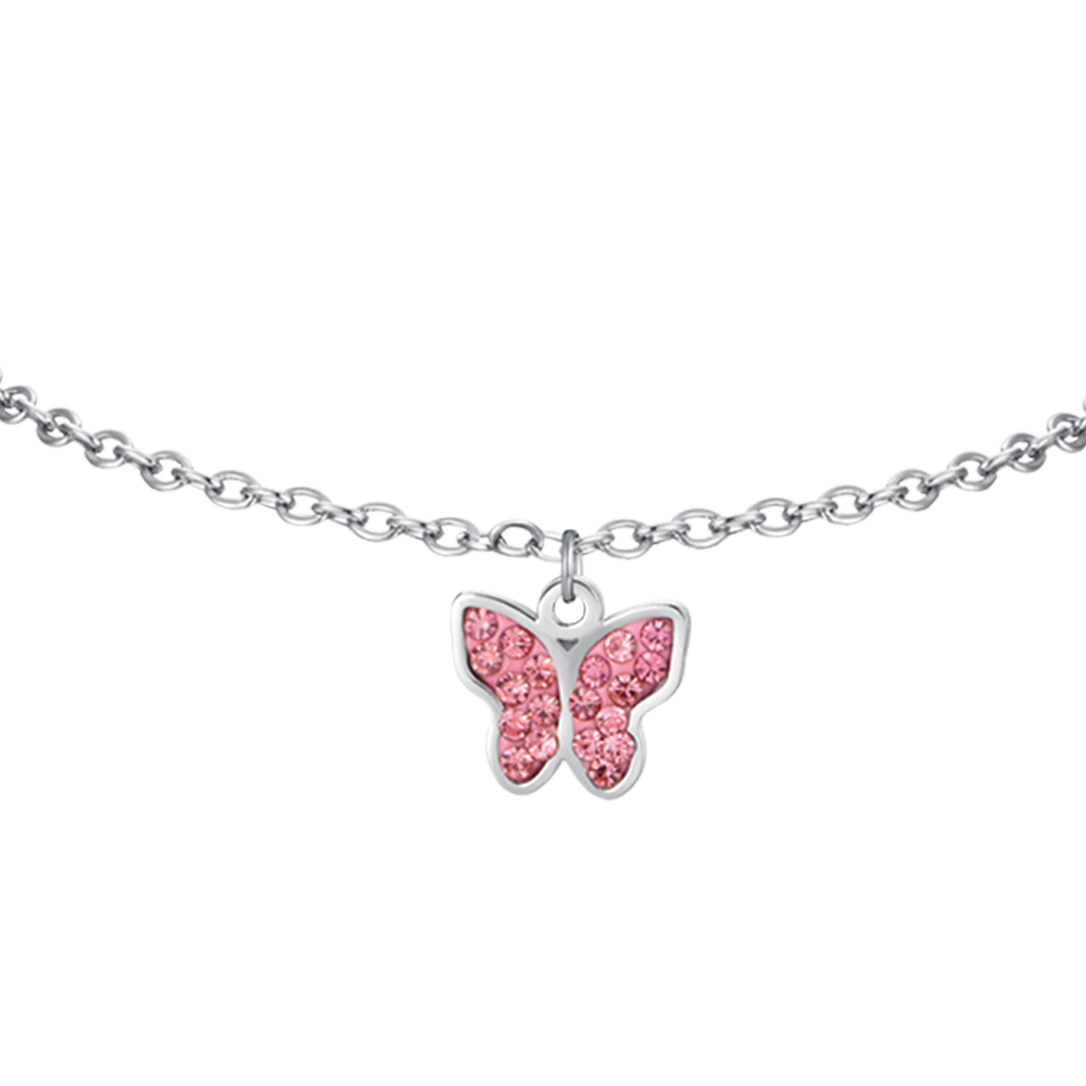 STAHLARMBAND FÜR MÄDCHEN MIT SCHMETTERLING UND ROSA KRISTALLEN