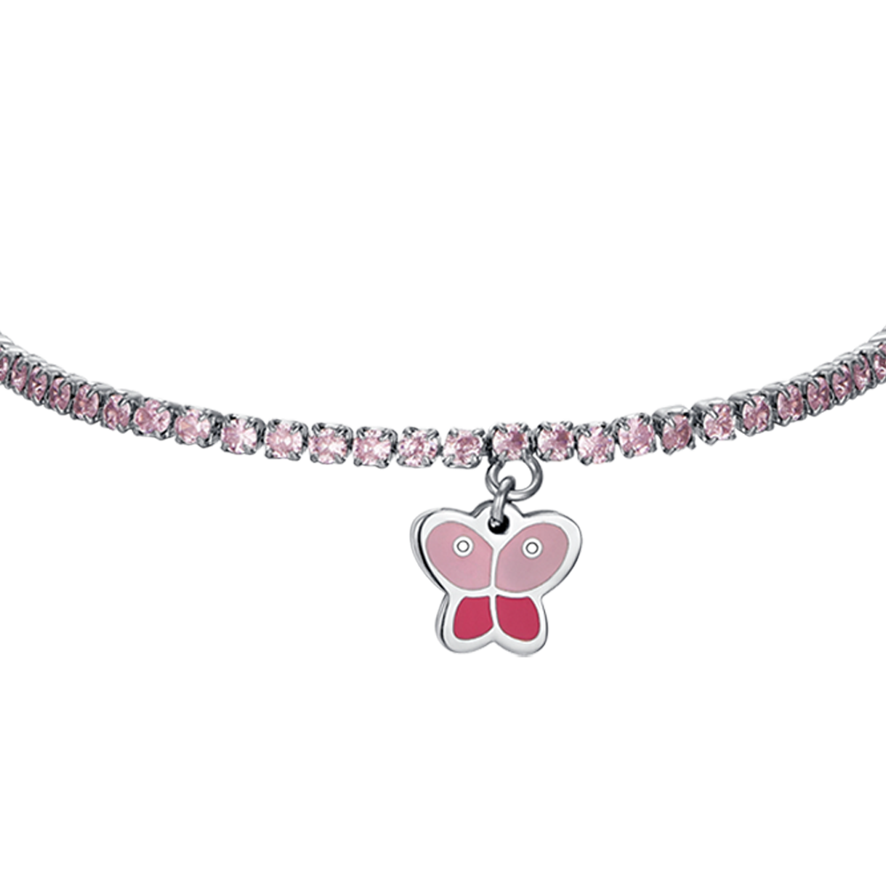 STAHL-TENNISARMBAND FÜR MÄDCHEN MIT ROSA KRISTALLEN UND SCHMETTERLING