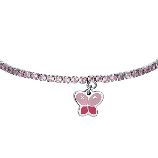 STAHL-TENNISARMBAND FÜR MÄDCHEN MIT ROSA KRISTALLEN UND SCHMETTERLING