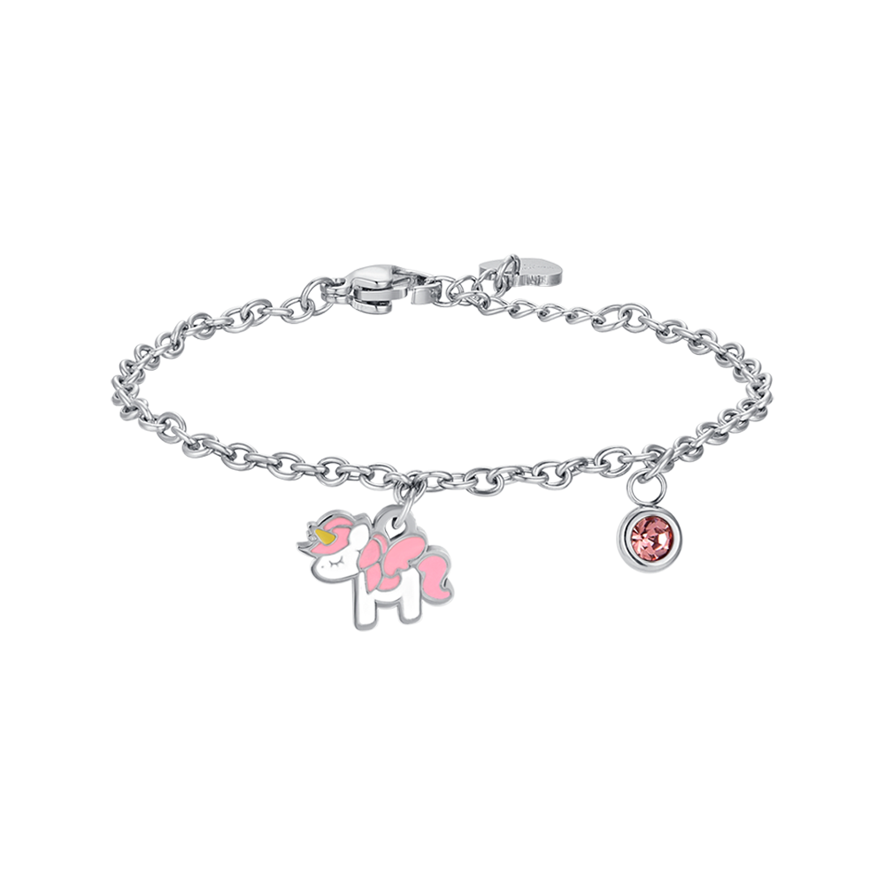 BRACCIALE BAMBINA IN ACCIAIO CON UNICORNO CON SMALTO ROSA E BIANCO E CRISTALLO Luca Barra