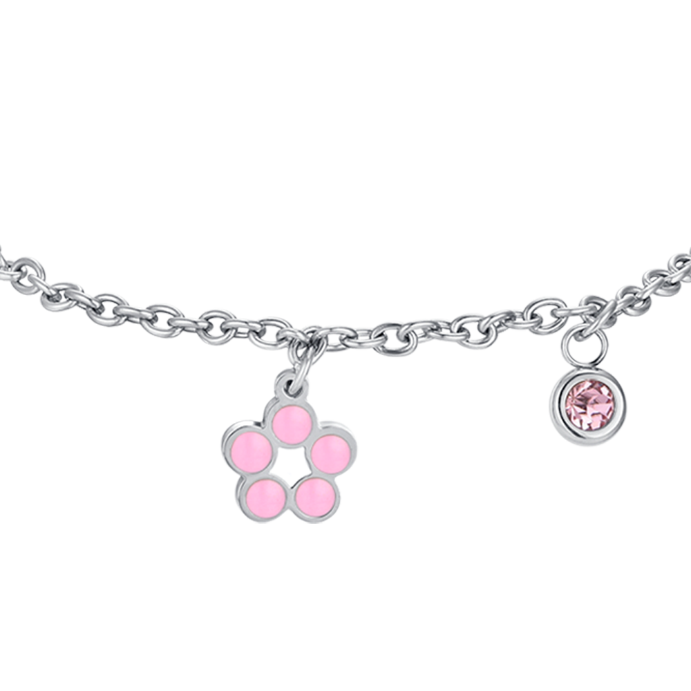 BRACCIALE BAMBINA IN ACCIAIO CON FIORE CON SMALTO ROSA E BIANCO E CRISTALLO