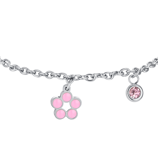 BRACCIALE BAMBINA IN ACCIAIO CON FIORE CON SMALTO ROSA E BIANCO E CRISTALLO