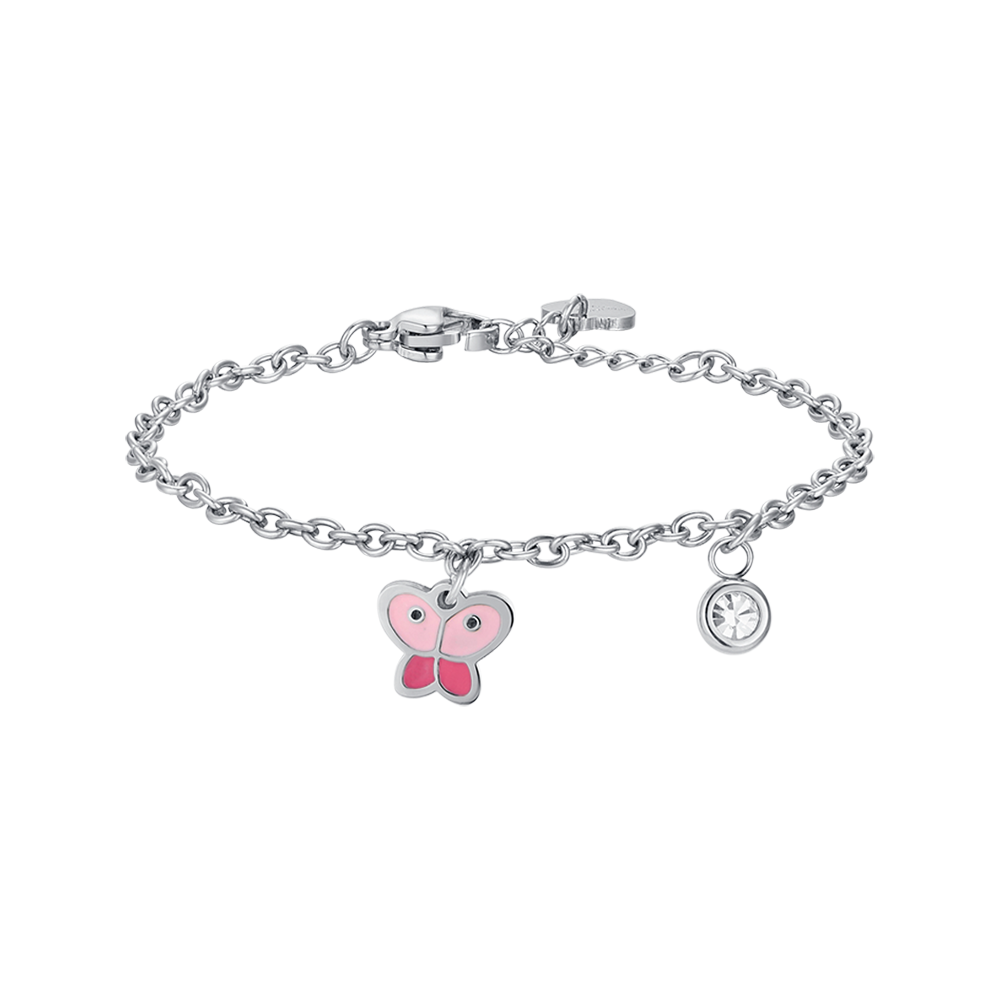 BRACCIALE BAMBINA IN ACCIAIO CON FARFALLA CON SMALTO ROSA E CRISTALLO BIANCO Luca Barra