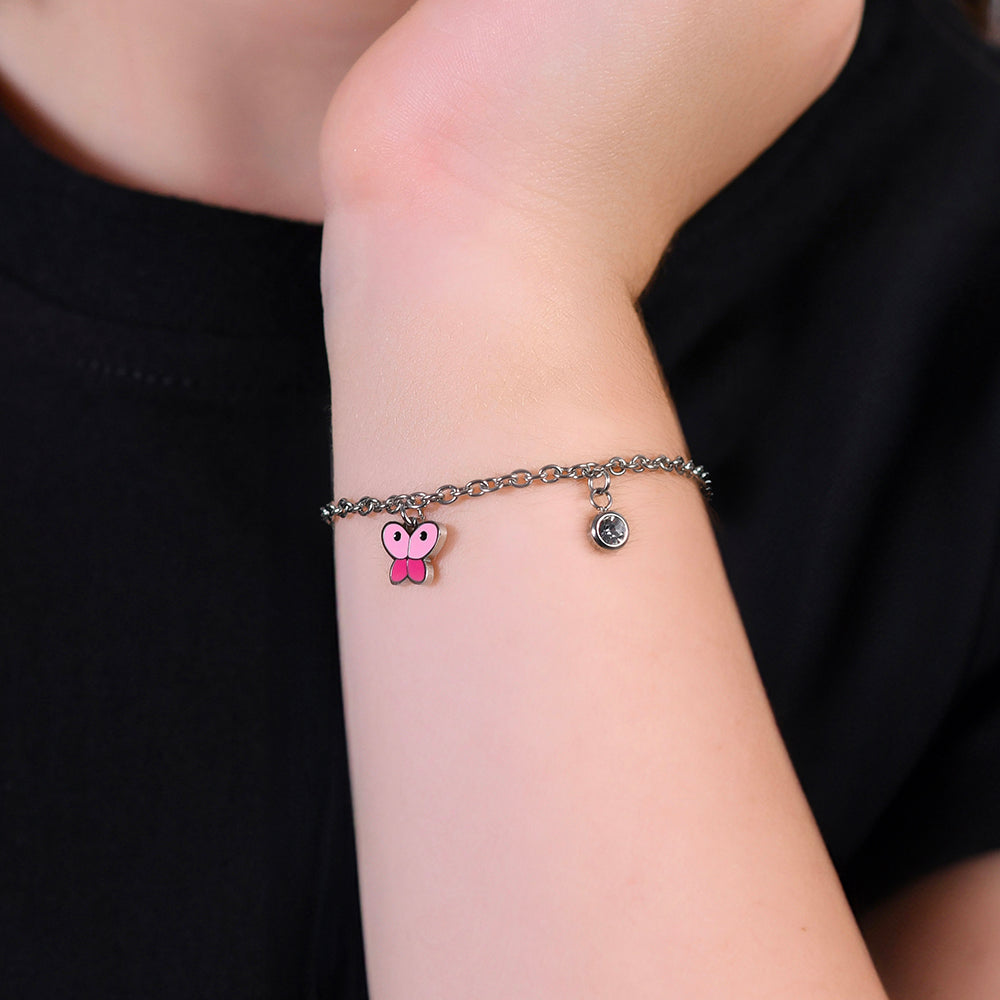 BRACCIALE BAMBINA IN ACCIAIO CON FARFALLA CON SMALTO ROSA E CRISTALLO BIANCO Luca Barra