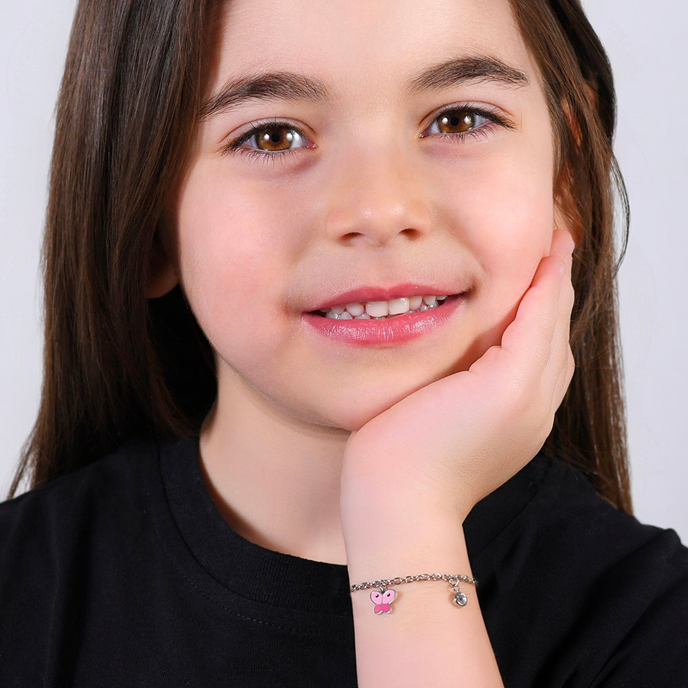 SCHMETTERLINGSARMBAND AUS STAHL MIT ROSA EMAILLE UND WEISSEM KRISTALL