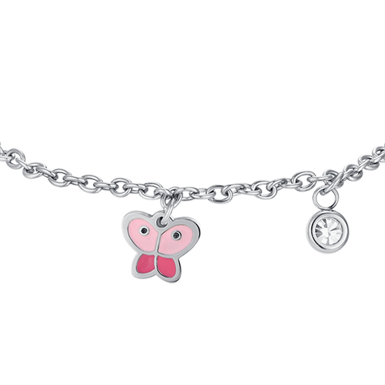 SCHMETTERLINGSARMBAND AUS STAHL MIT ROSA EMAILLE UND WEISSEM KRISTALL
