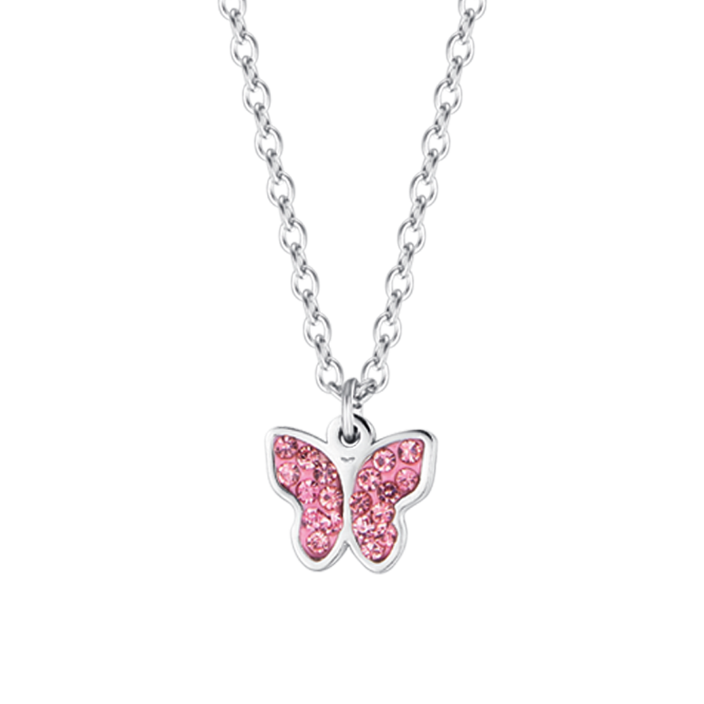 STAHLHALSKETTE FÜR MÄDCHEN MIT SCHMETTERLING UND ROSA KRISTALLEN