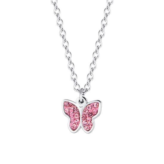 STAHLHALSKETTE FÜR MÄDCHEN MIT SCHMETTERLING UND ROSA KRISTALLEN