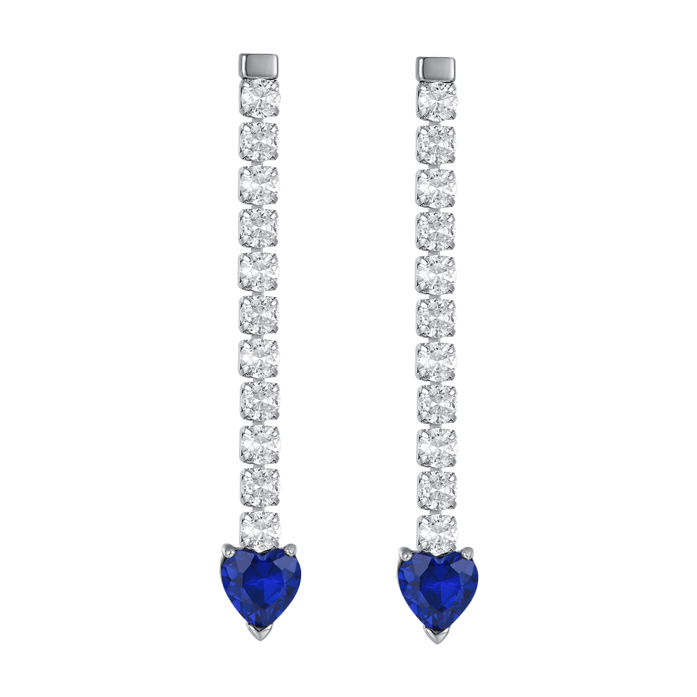 DAMEN TENNISOHRRINGE AUS STAHL MIT WEISSEN KRISTALLEN UND BLAUEN KRISTALLHERZEN