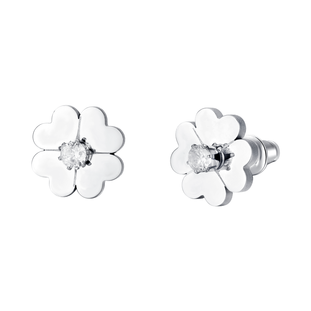 DAMEN-OHRRINGE AUS STAHL MIT VIERBLÄTTRIGEM KLEEBLATT UND ZIRKONOXID