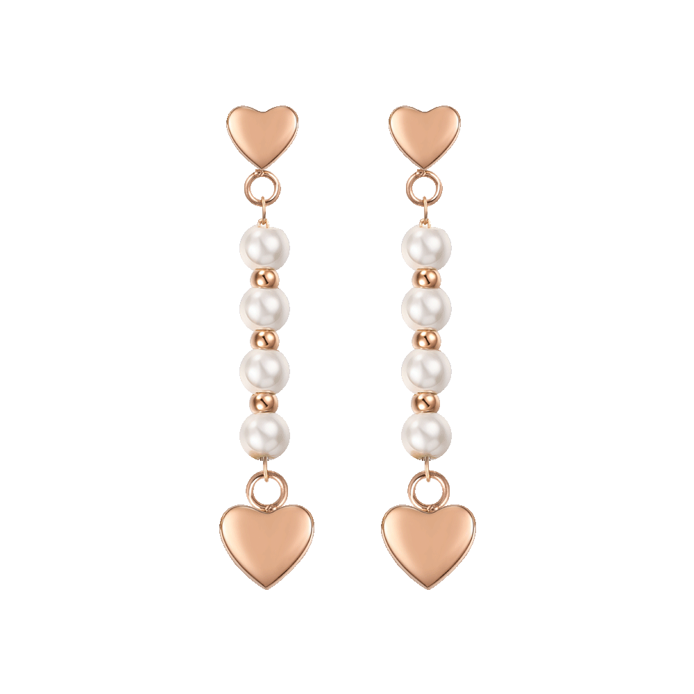 ORECCHINI DONNA IN ACCIAIO IP GOLD E PERLE BIANCHE CON CUORE IP ROSE