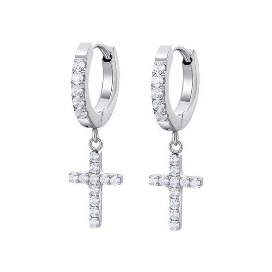 ORECCHINI DONNA CERCHIO IN ACCIAIO CON CROCE E ZIRCONI BIANCHI