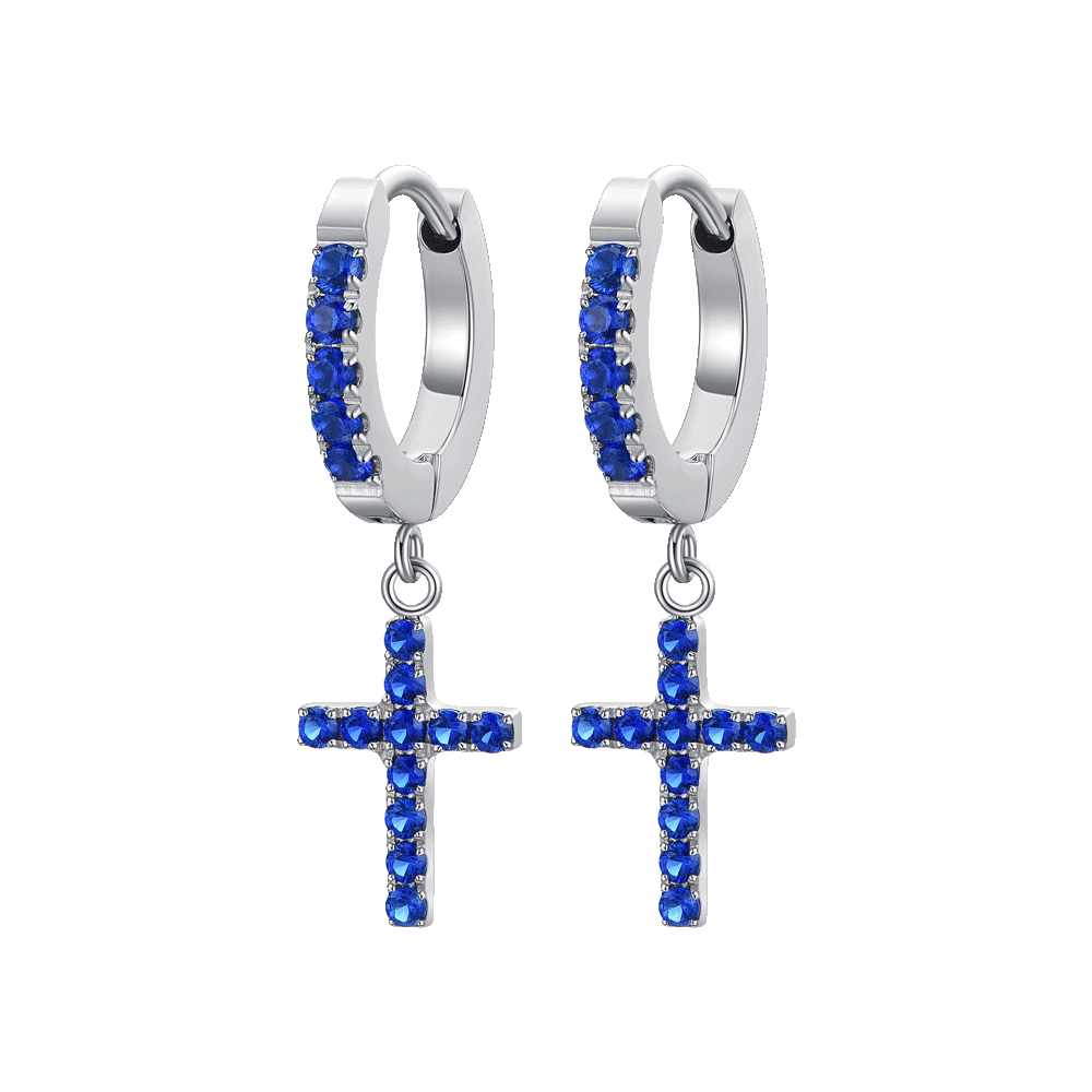 ORECCHINI DONNA IN ACCIAIO CERCHIO CON CROCE E ZIRCONI BLU