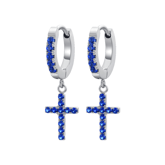 ORECCHINI DONNA IN ACCIAIO CERCHIO CON CROCE E ZIRCONI BLU