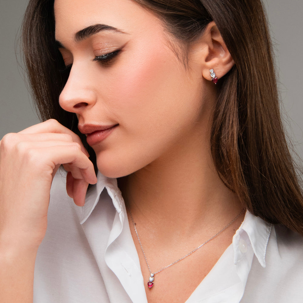 MONO ORECCHINO DONNA IN ACCIAIO CON CUORI CON ZIRCONI BIANCHI E ROSSI