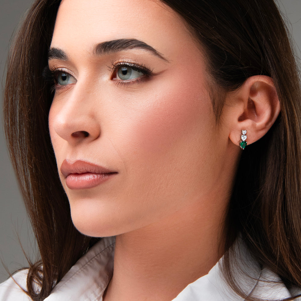 MONO ORECCHINO DONNA IN ACCIAIO CON CUORI CON ZIRCONI BIANCHI E VERDI