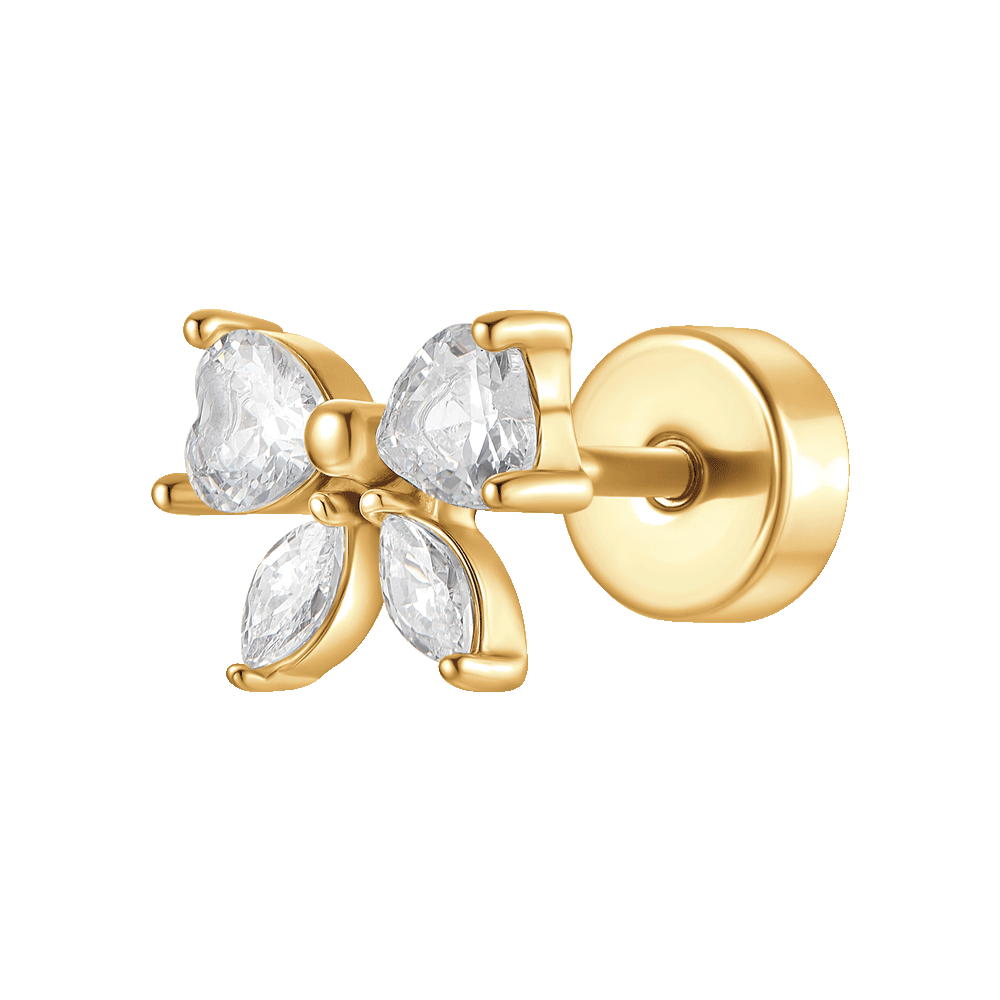 PIERCING ORECCHIO DONNA IN ACCIAIO  COLORE ORO FORMA FIOCCO CON ZIRCONI BIANCHI
