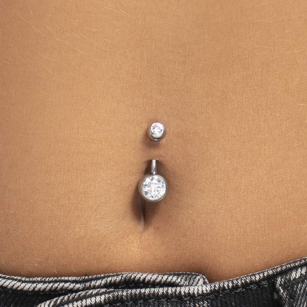PIERCING OMBELICO DONNA IN ACCIAIO CON SFERICA ZIRCONI BIANCHI